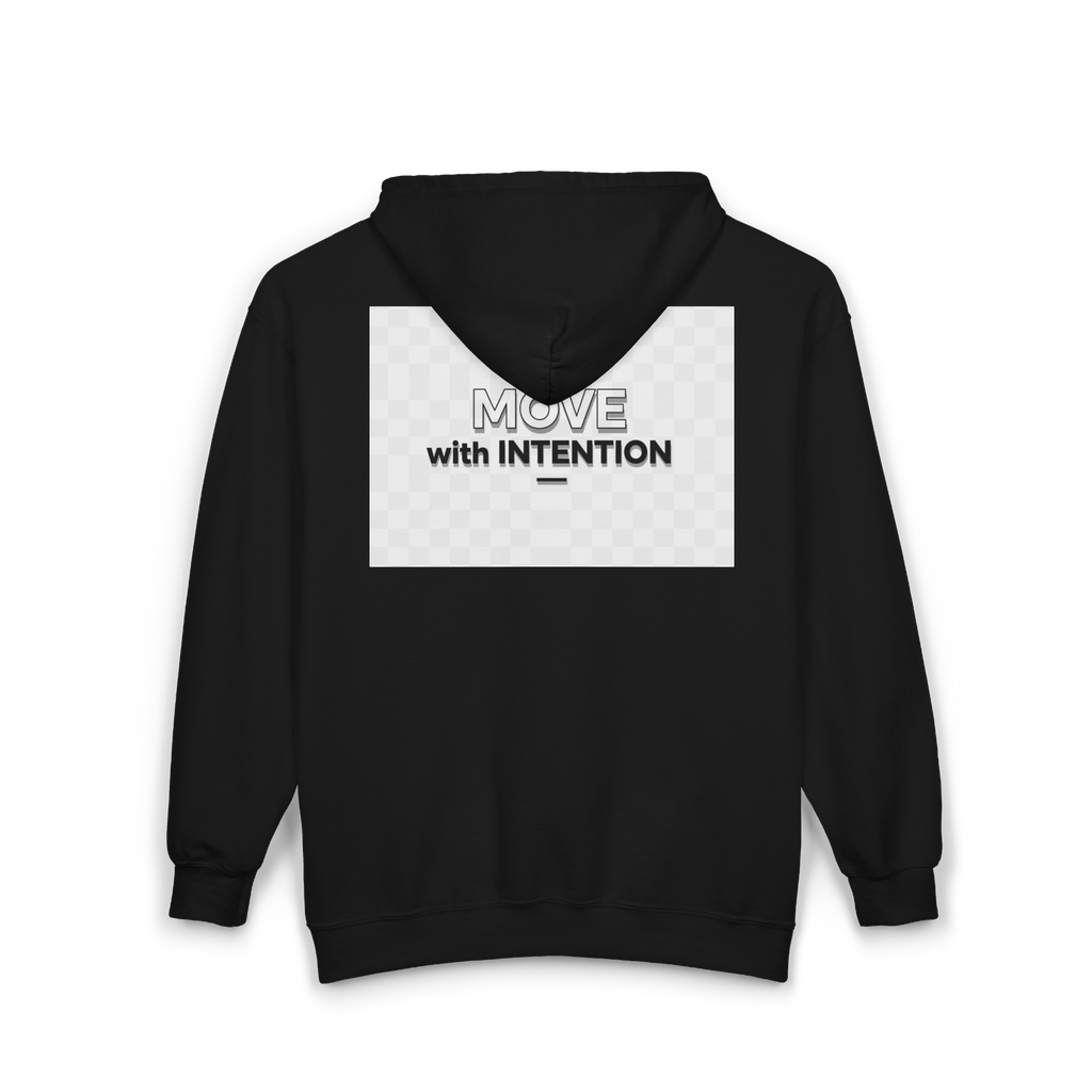 Black hoodie with 'Move with Intention' text on a white background, version masculine.