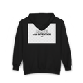Black hoodie with 'Move with Intention' text on a white background, version masculine.