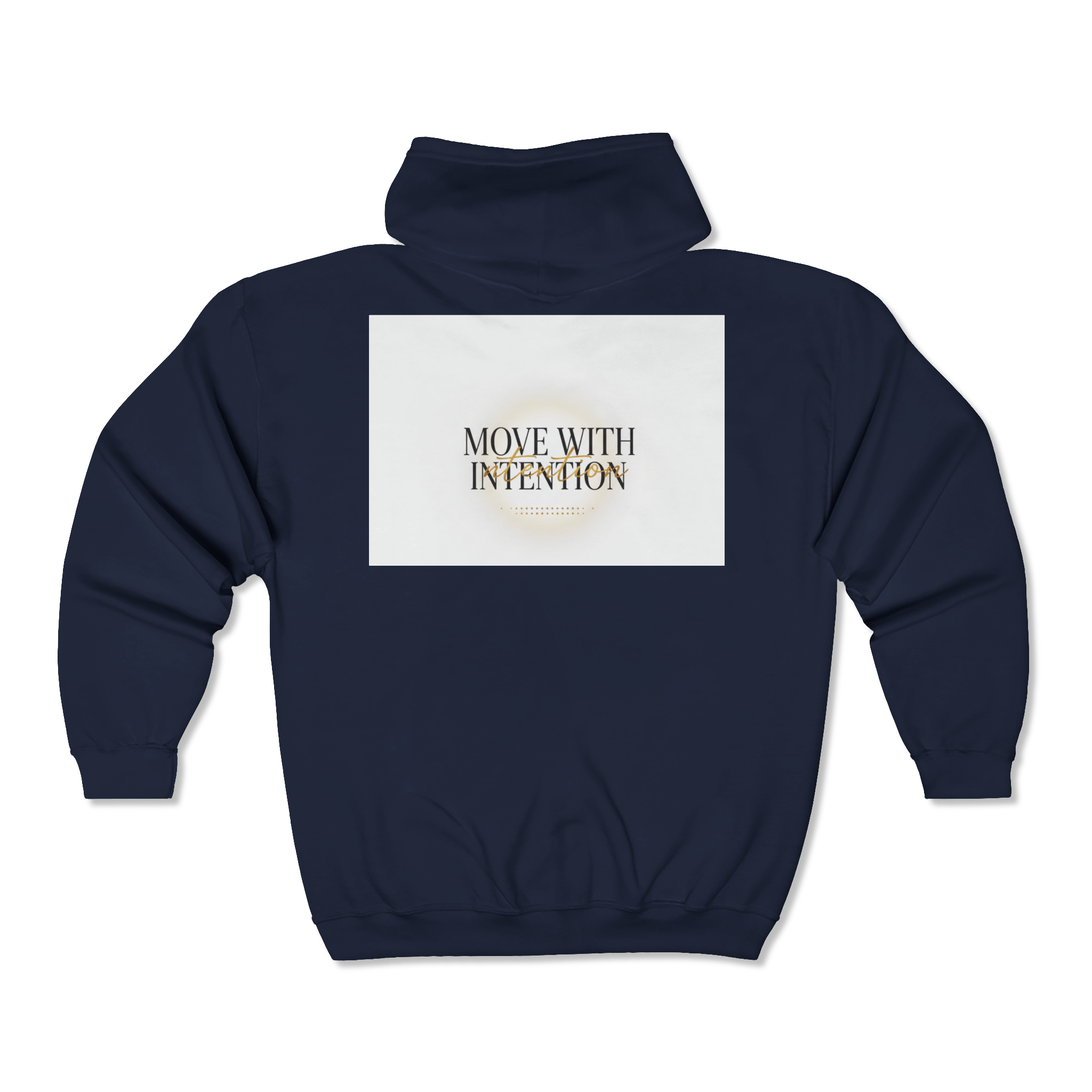 Navy blue hoodie with 'Move with Intention' text on the back against a white background, version feminine.