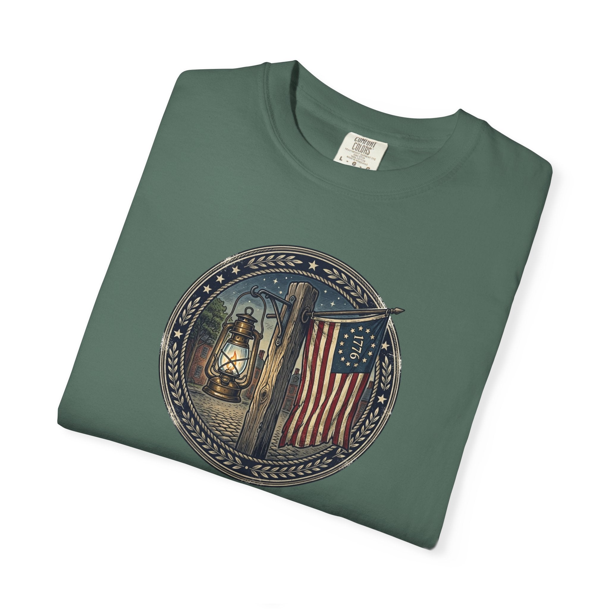 Heritage Lantern & 13‑Star Flag Emblem Tee – Vintage Americana CC1717