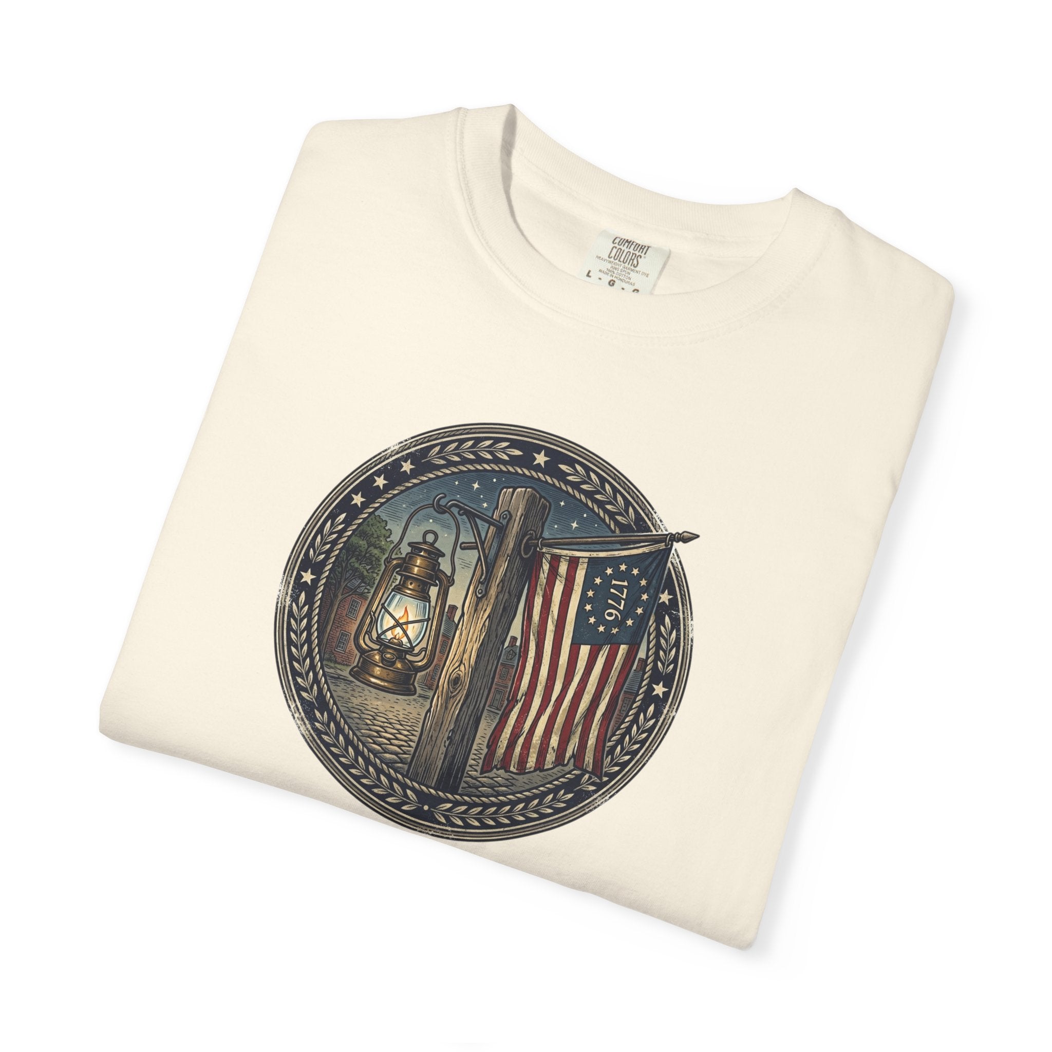 Heritage Lantern & 13‑Star Flag Emblem Tee – Vintage Americana CC1717