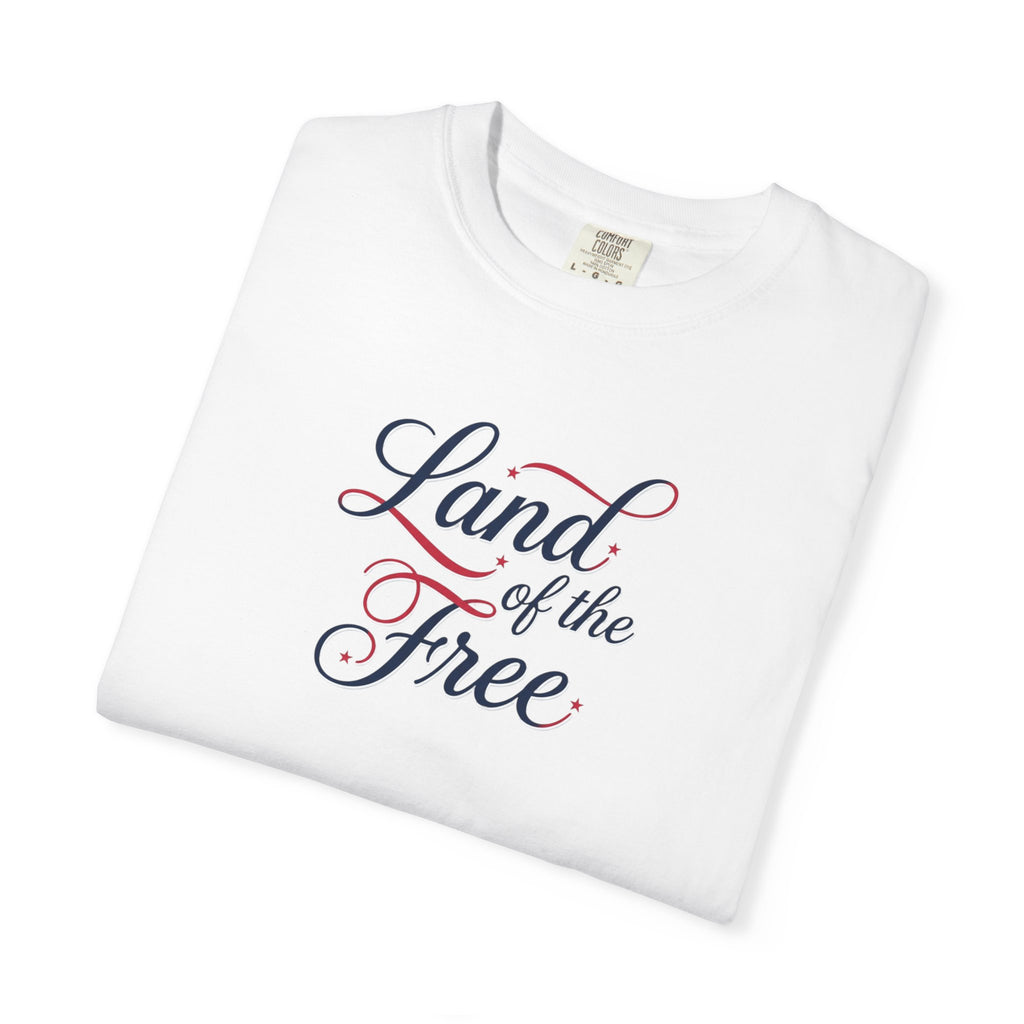 Land of the Free T-Shirt | Script Patriotic Design, Small Flag Back