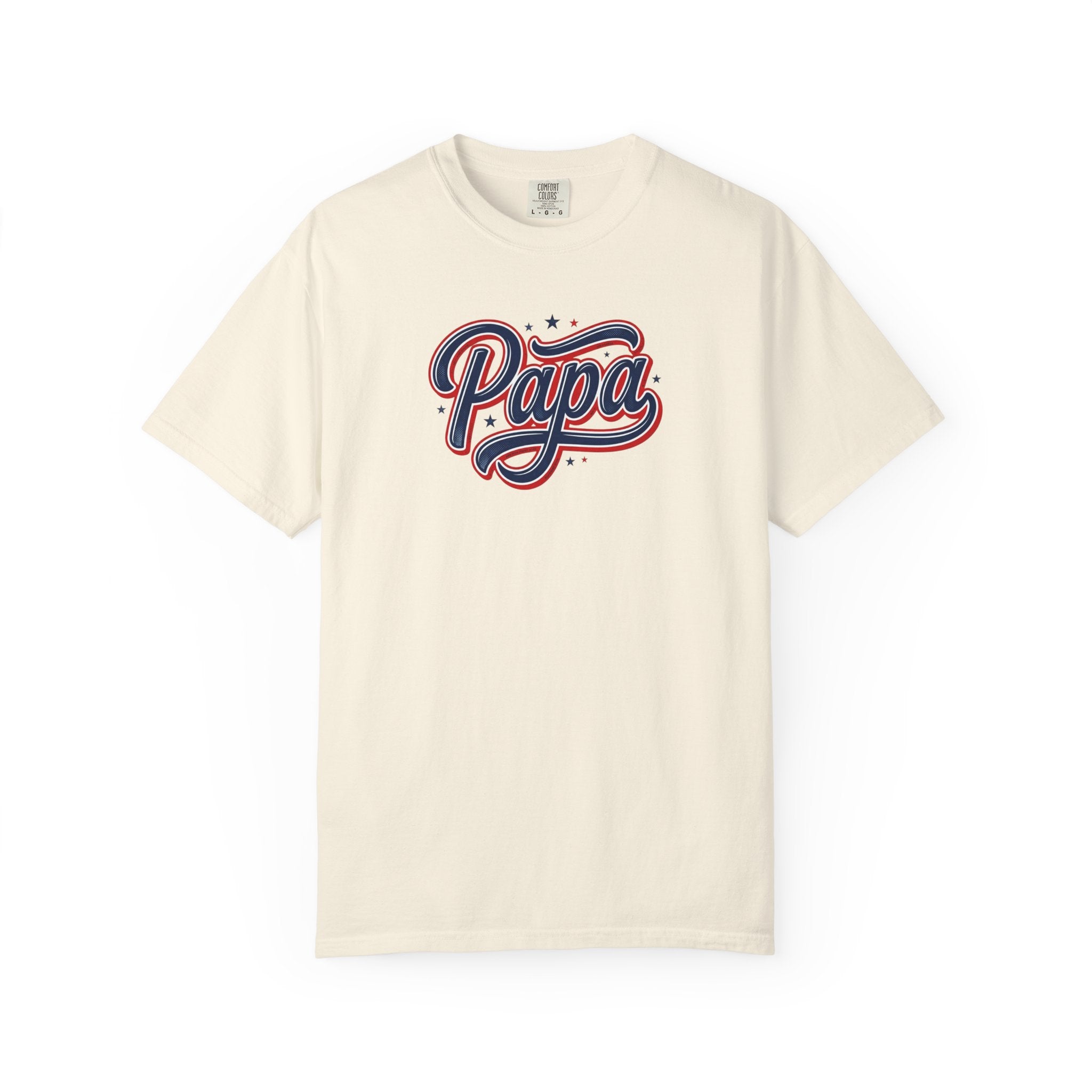 Papa Script Logo T-Shirt | Retro Cursive Lettering, Patriotic Stars