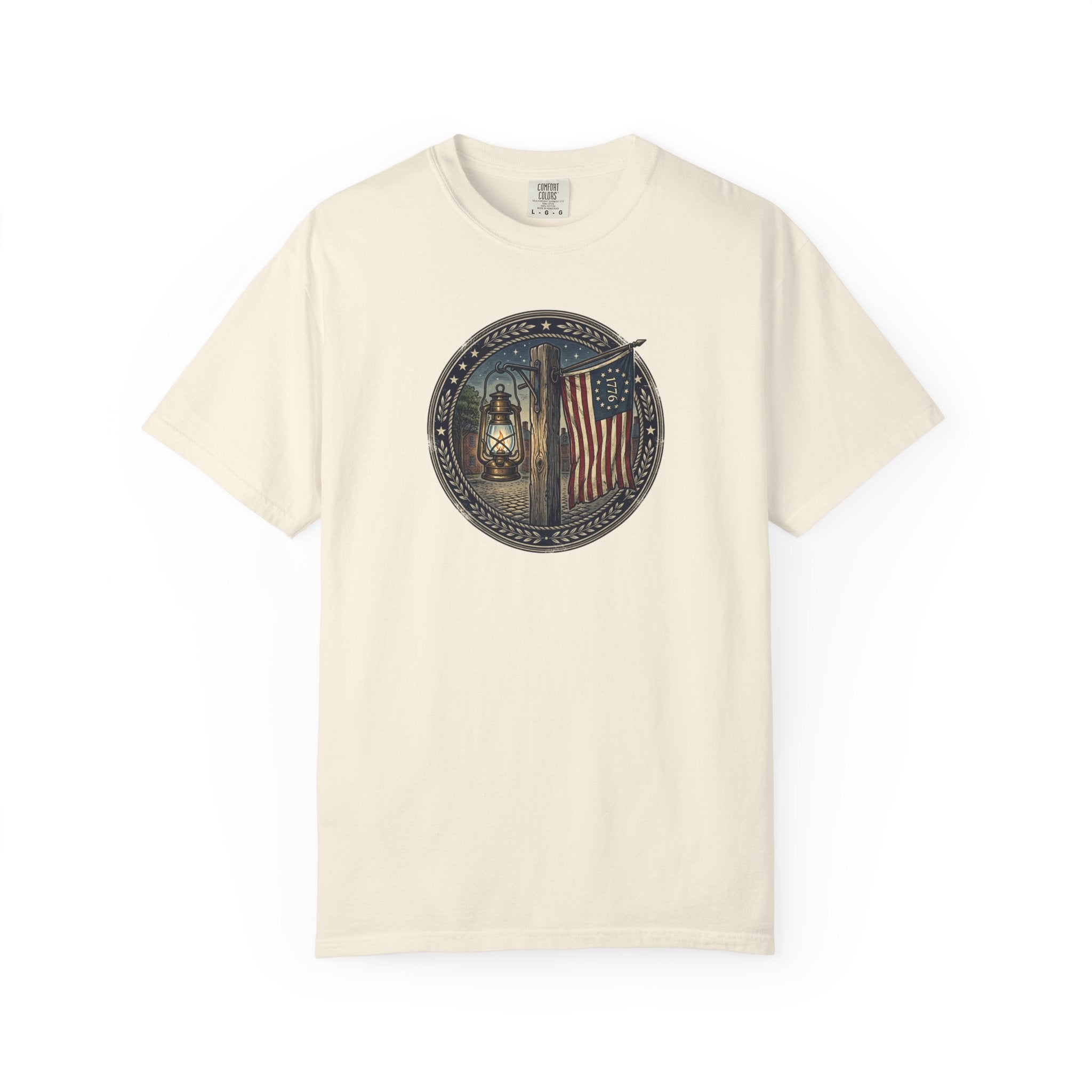 Heritage Lantern & 13‑Star Flag Emblem Tee – Vintage Americana CC1717