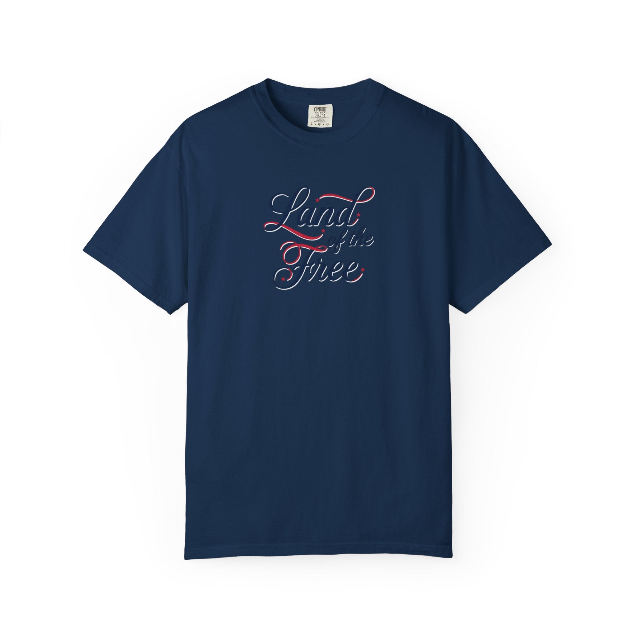 Land of the Free T-Shirt | Script Patriotic Design, Small Flag Back