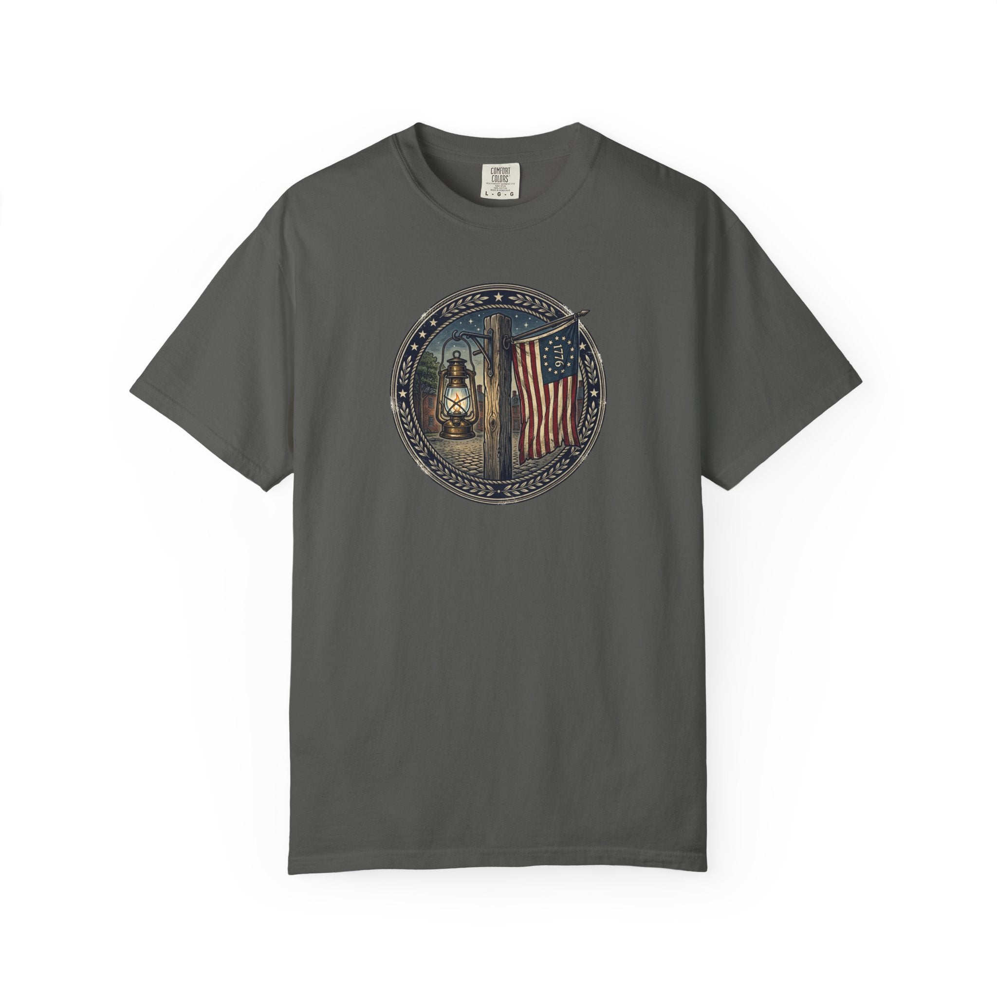 Heritage Lantern & 13‑Star Flag Emblem Tee – Vintage Americana CC1717