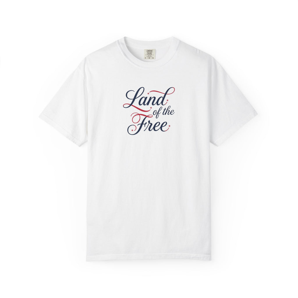 Land of the Free T-Shirt | Script Patriotic Design, Small Flag Back