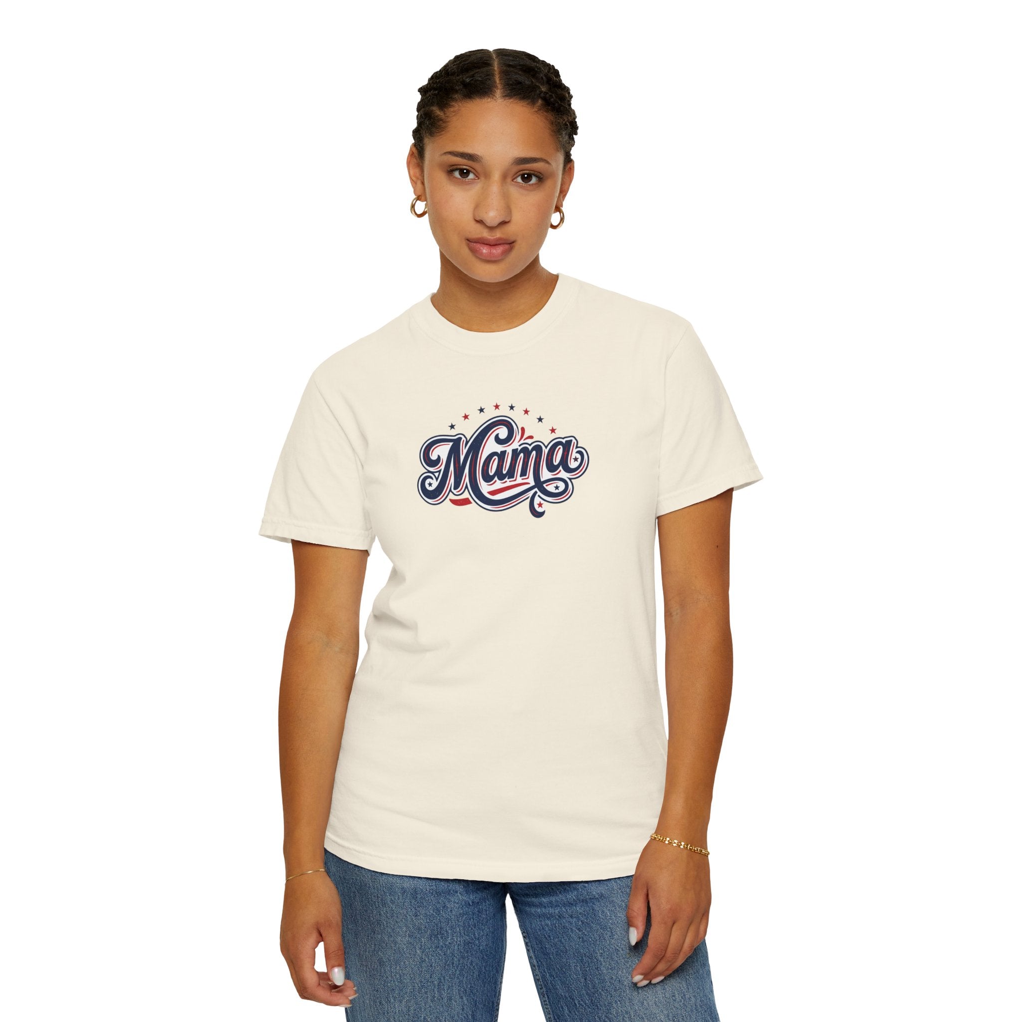 Mama script logo retro Americana lettering, stars and stripes T-Shirt | Patriotic stars