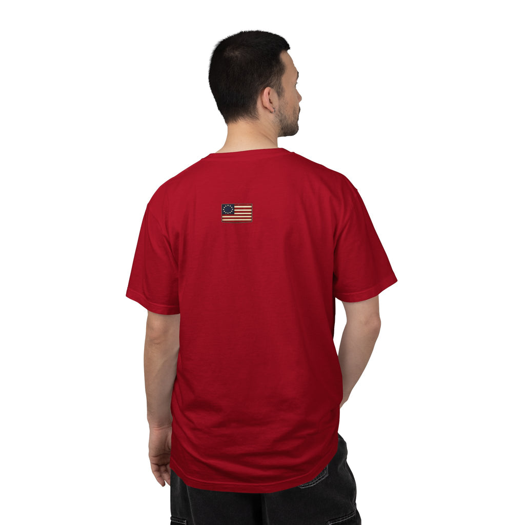 Land of the Free T-Shirt | Script Patriotic Design, Small Flag Back