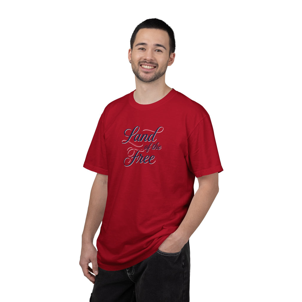 Land of the Free T-Shirt | Script Patriotic Design, Small Flag Back