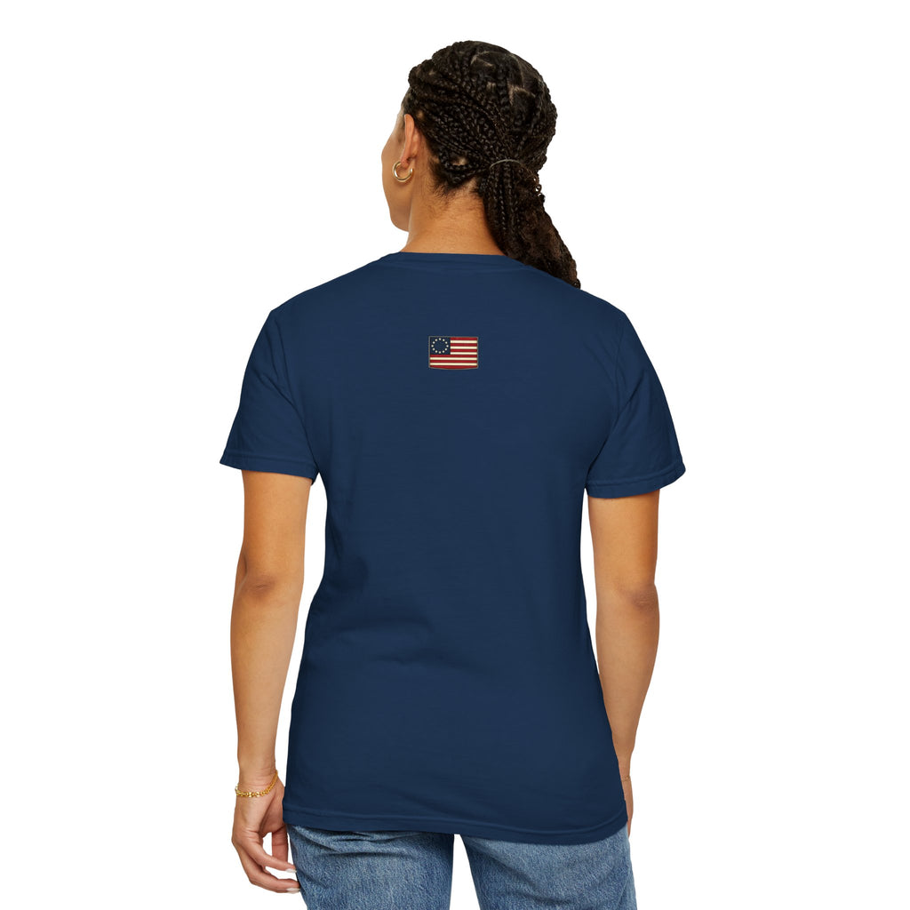 Land of the Free T-Shirt | Script Patriotic Design, Small Flag Back