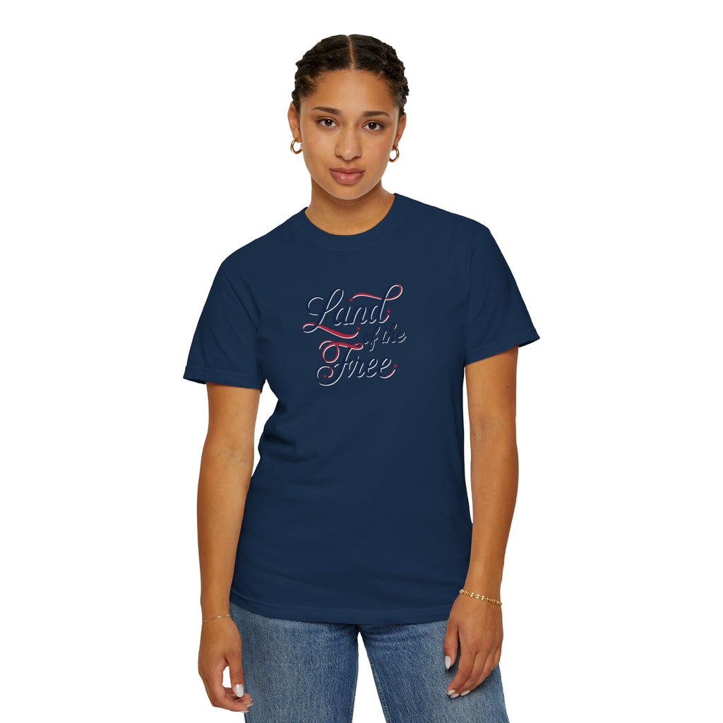 Land of the Free T-Shirt | Script Patriotic Design, Small Flag Back
