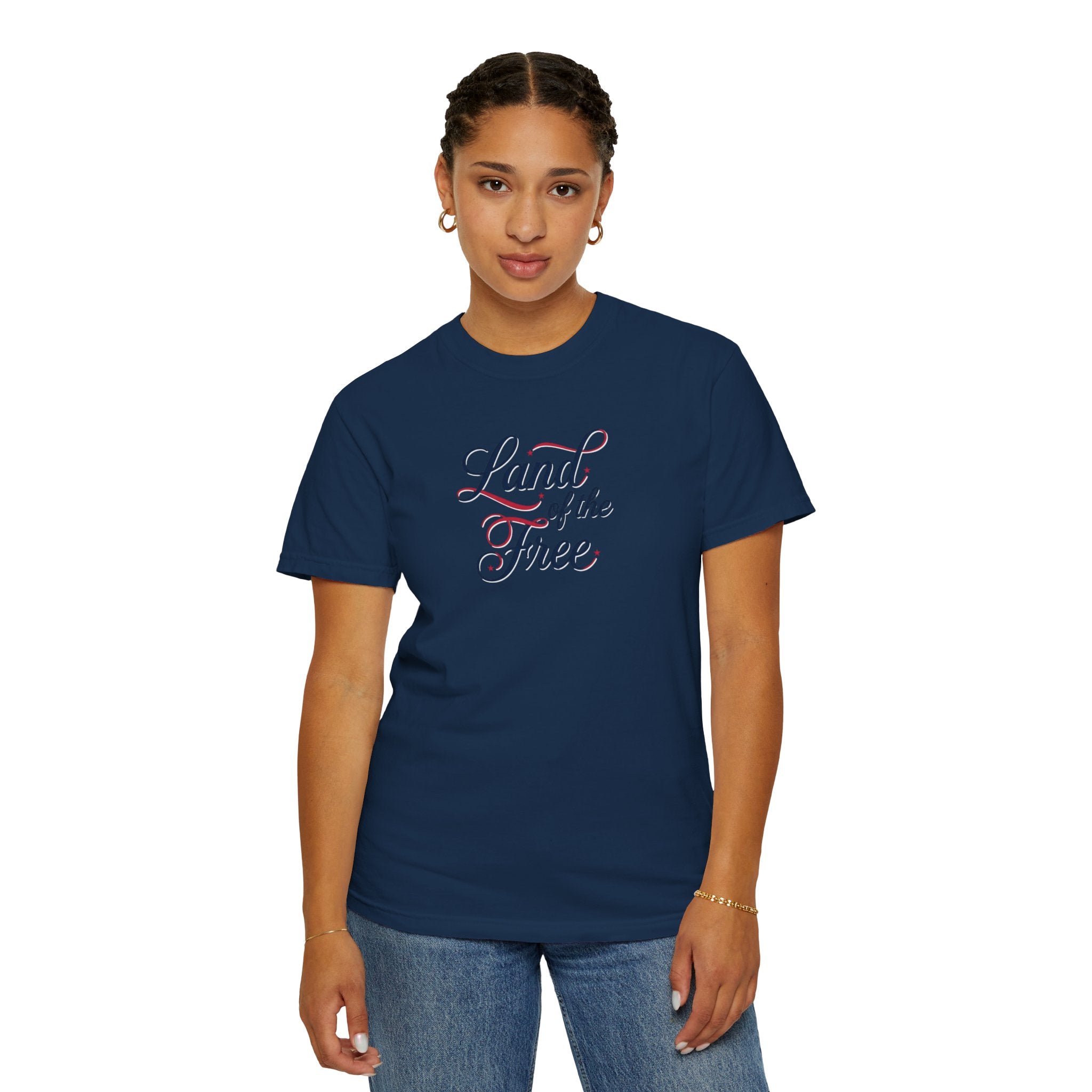 Land of the Free T-Shirt | Script Patriotic Design, Small Flag Back