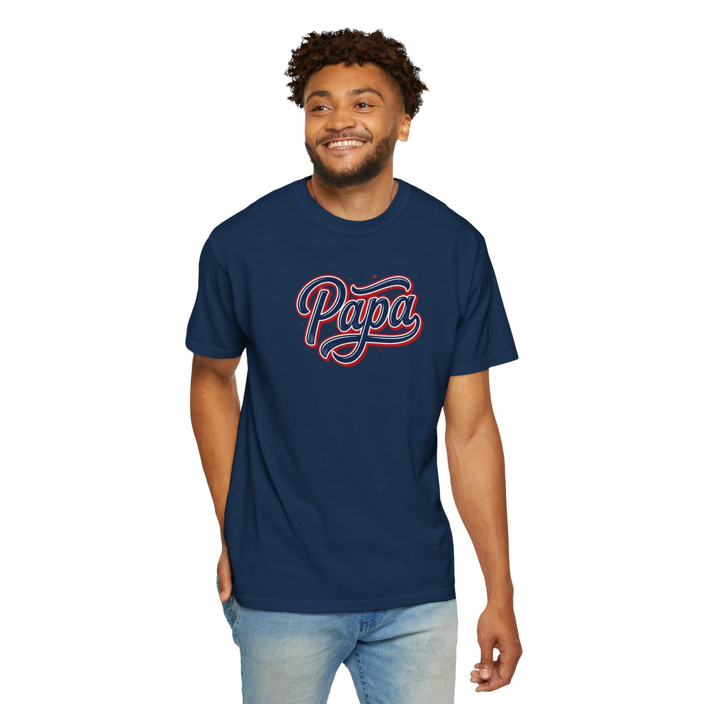 Papa Script Logo T-Shirt | Retro Cursive Lettering, Patriotic Stars